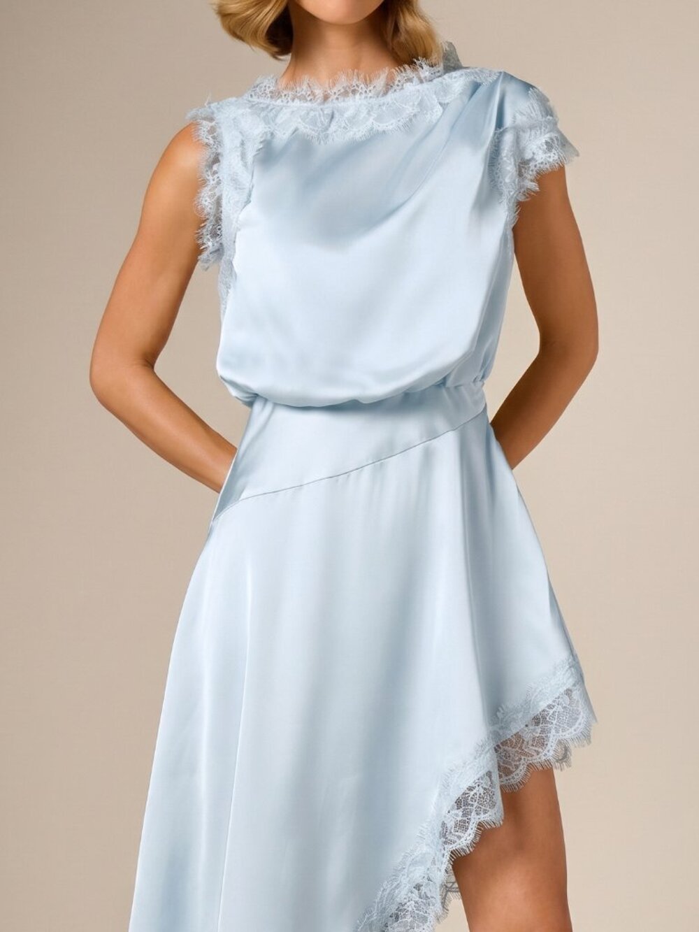 Blue Elegant Women's Asymmetric High Low Maxi Dress w/Lace Trim Hem Sleeveless - Picture 5 of 5